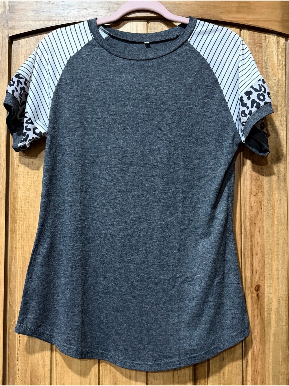 Charcoal Raglan Short Sleeve Tee with Striped & Leopard Accent